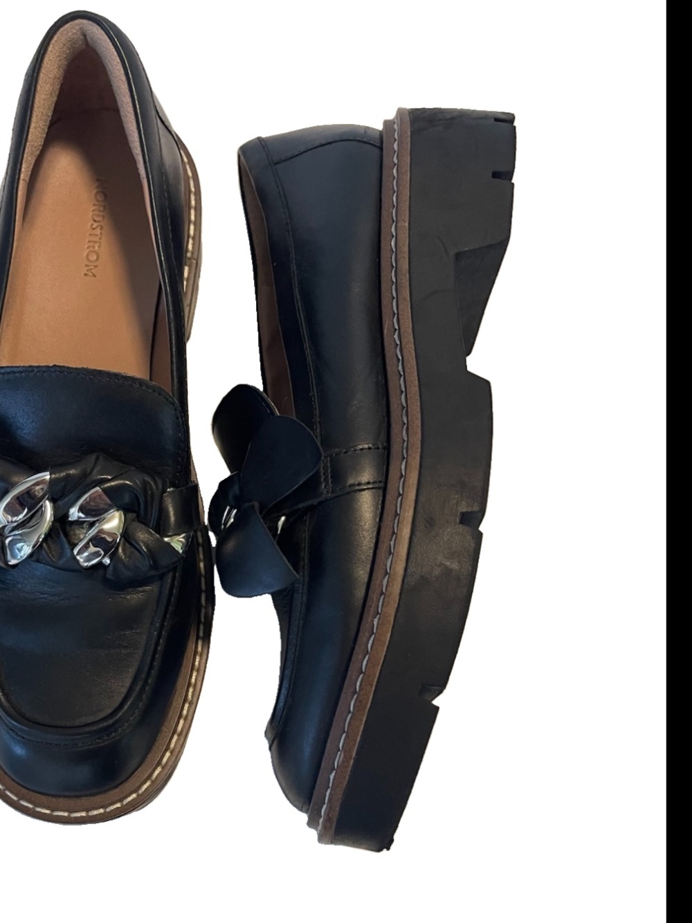 Nordstrom Loafers Chunky Platform Leather Size 7 Silver Chain Hardware - Picture 4 of 16